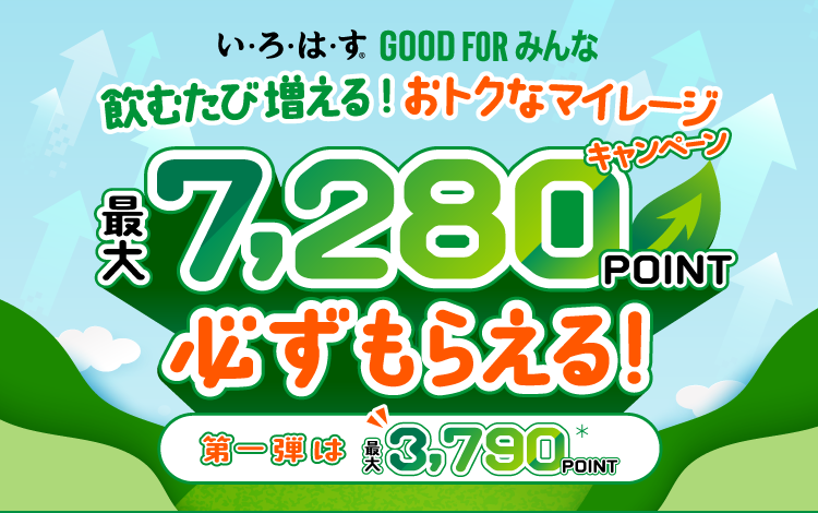 い・ろ・は・す® GOOD FOR みんな 飲むたび増える！おトクなマイレージキャンペーン 最大7,280POINT必ずもらえる！ 第一弾は最大3,790POINT＊
